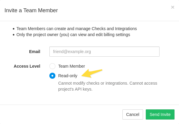 The Access Level parameter in the Invite form